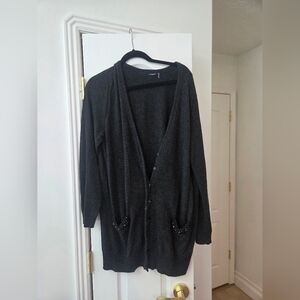 ​Magaschoni Cashmere Long Cardigan Charcoal Gray Embellished Pocket Sweater XL